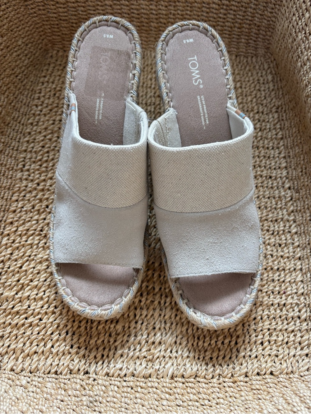 TOMS Beige Canvas & Suede Wedge Slide Sandals